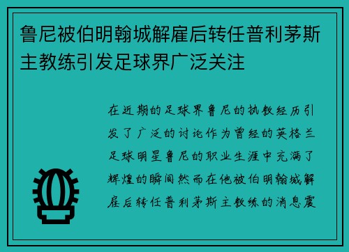 鲁尼被伯明翰城解雇后转任普利茅斯主教练引发足球界广泛关注